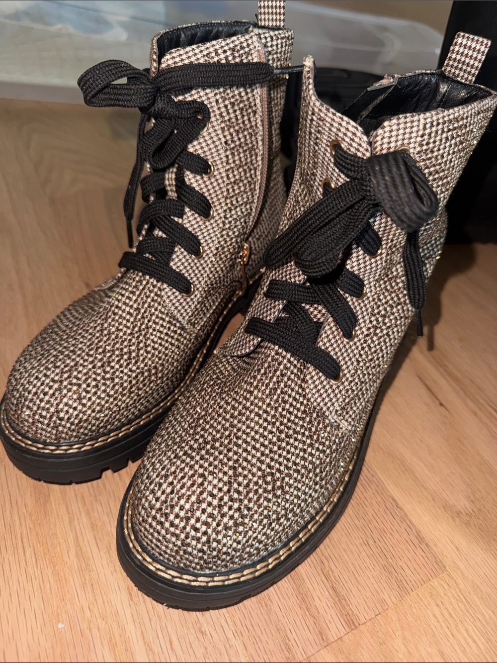 Kurt Geiger Tweed Lace-Up Combat Boots in Brown and Black